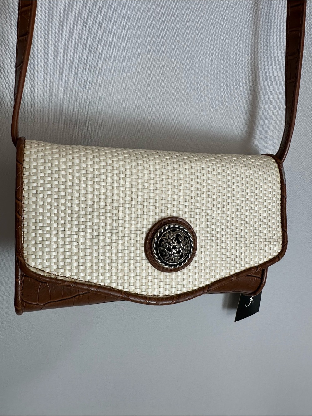 Maggie Barnes Woven Straw Wallet Crossbody Bag with Brown Trim